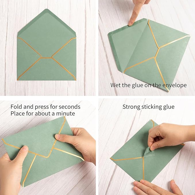 Homtable 50 Pack Sage Green A7 Envelopes 5 x 7 Self-Adhesive V Flap Envelopes with Gold Border for Office, Greeting Card, Wedding, Graduation, Baby Shower, Parties, Invitations (Sage Green, 5x7)