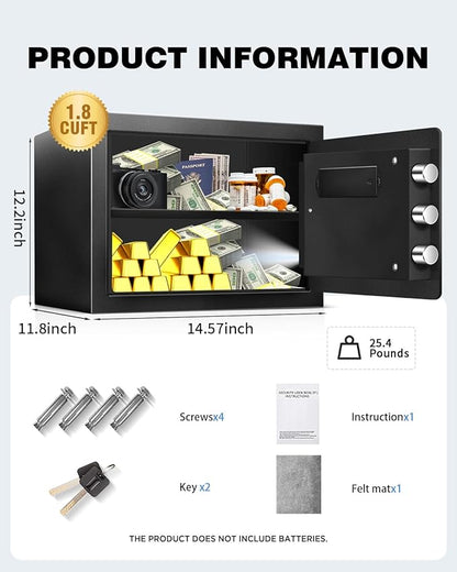 1.8 Cu Home Safe Box, Durable Digital Safe with Movable Partition, Smart Alarm, Silent Keypad Mode, and Motion Sensor Lights for Home, Office, Dorm, and Hotel Use