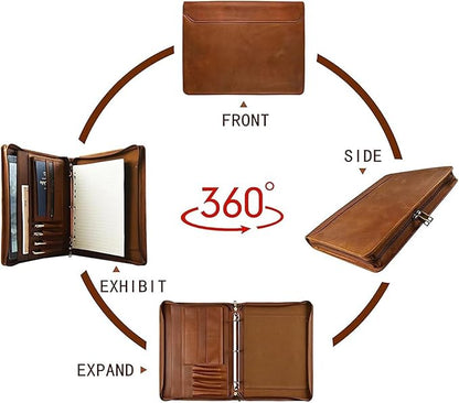 Free Name Engraved, Personalized Leather Portfolio Binder for Men, 3 Ring Binder Custom Padfolio Folder, Handmade Professional Business Organizer with Zipper, Gift for Men/Women, Customized, Brown