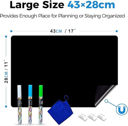 Magnetic Black Dry Erase Board Sheet 17" x 11" for Fridge, Easy to Read with 3 Bright Colors Chalk Markers, Small Refrigerator Magnet Whiteboard for Family Planner Grocery List