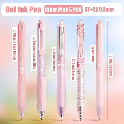 5 Count Pastel Gel Ink Pen Set,Cute Note Taking 0.5mm Fine Point Retractable 5 Count Black Ink Pens for Writing, Journaling, School, Office (Light Pink Clear)