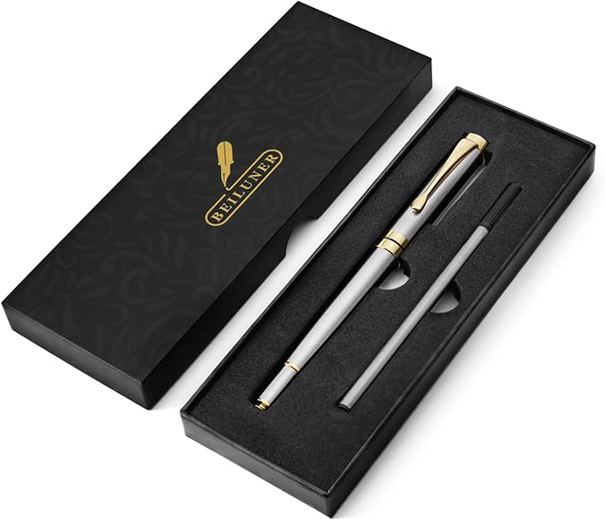 BEILUNER Ballpoint Pens, Stunning Silver Chrome Metal Pen with Golden Trim, Best Ball Pen Gift Set for Men & Women, Professional, Executive, Office, Nice Pens-Gift Box with 0.5mm Extra Black Refill