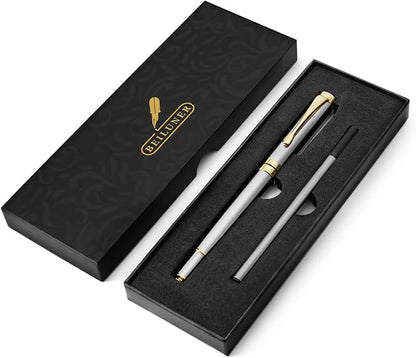 BEILUNER Ballpoint Pens, Stunning Silver Chrome Metal Pen with Golden Trim, Best Ball Pen Gift Set for Men & Women, Professional, Executive, Office, Nice Pens-Gift Box with 0.5mm Extra Black Refill