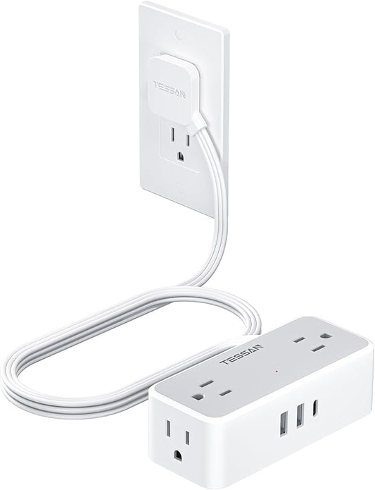 Flat Plug Extension Cord 5 FT, TESSAN Surge Protector Power Strip with 4 AC Outlets 1 USB C and 2 USB A Ports, 900 Joules Protection, Multiple Wall Outlet Extender Suitable for Home Office Dorm
