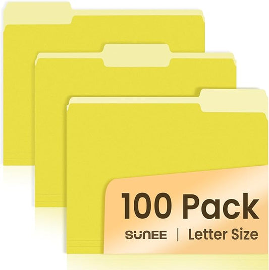 SUNEE File Folders Letter Size Yellow, 100 Pack Manilla Folders 8.5 x 11 1/3-Cut Tabs, Colored File Folders Office Home School for Documents Files Paper