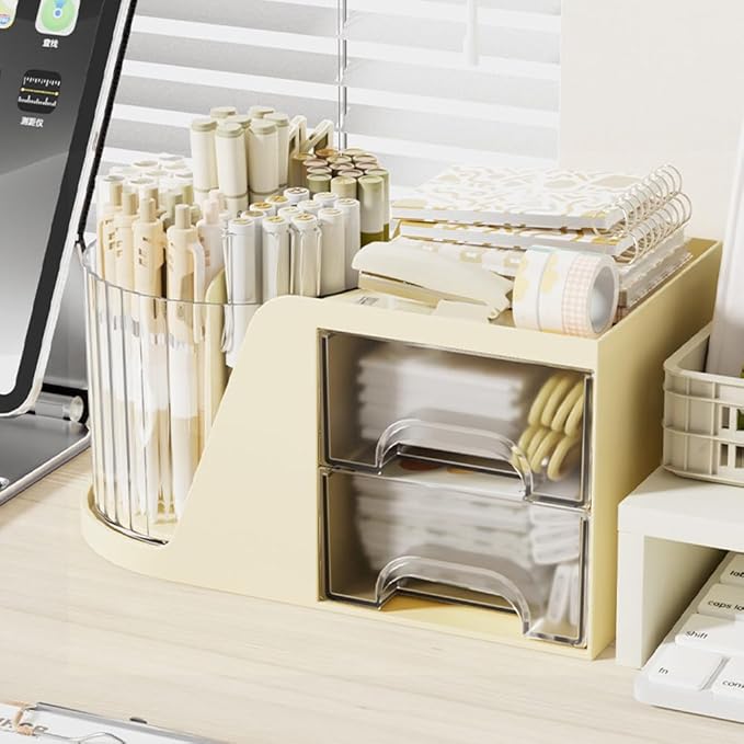 360 Degree Turntable Pen Holder Office Desk Organizer Pencil Holder for Desk Multi-Functional Pencil Pencil Cup Desktop Stationary Organizer Storage for Office School (Beige-with Drawer)
