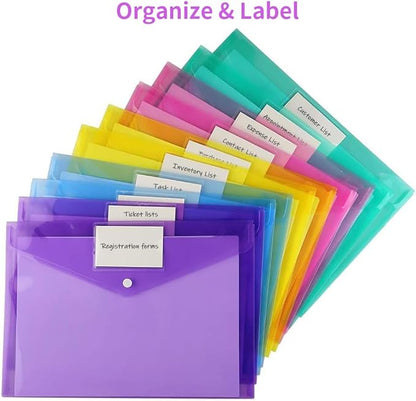 Sooez 12 Pack Folders Plastic Envelopes, Clear Plastic File Folder for Document, Letter A4 Size Poly File Envelopes with Label Pocket, Snap Button for Home Work Office Organizer, 5 Colors