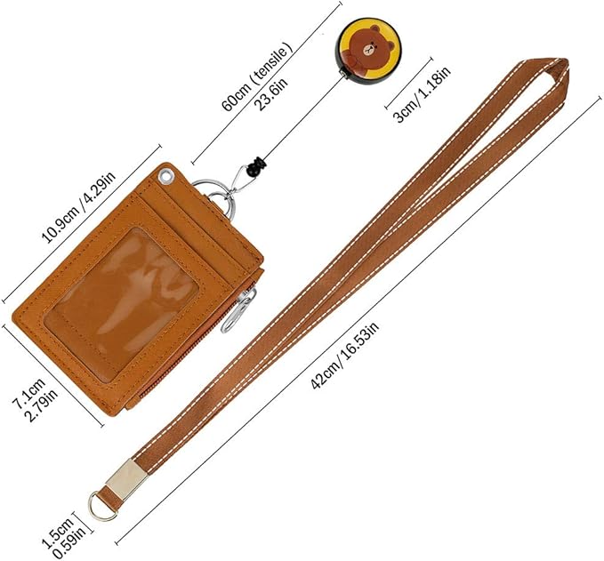 Cute Badge Holder Retractable Lanyard Reel Clip with Heavy Duty Carabiner, 1 Clear ID Window, and 4 Card Slots in 2 Sided for Students Teens Boys Girls Women (01 Brown Bear)