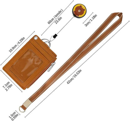 Cute Badge Holder Retractable Lanyard Reel Clip with Heavy Duty Carabiner, 1 Clear ID Window, and 4 Card Slots in 2 Sided for Students Teens Boys Girls Women (01 Brown Bear)