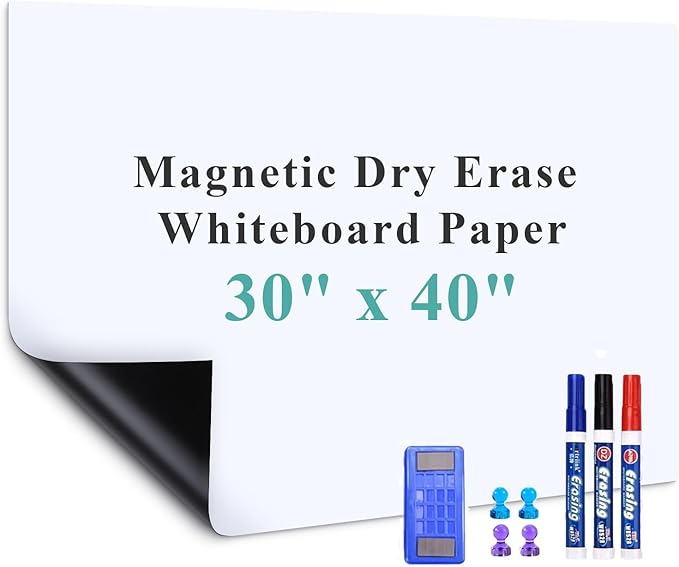 Magnetic Dry Erase Whiteboard Paper, 30" x 40" Self Adhesive Whiteboard for Wall, Easy to Write and Clean Dry Erase Board for Kids, Office, Home, with Marker, Magnetic Eraser and Magnets