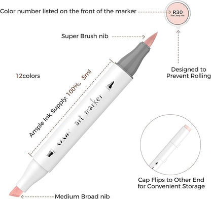 SFAIH Skin Tone Brush Tip Alcohol Markers - 12 Light Skin Colors Double Tipped Art Markers for Artist Adult Coloring Illustration, Gifts for Artist Adult, Dual Tip Brush & Chisel - Refillable Ink