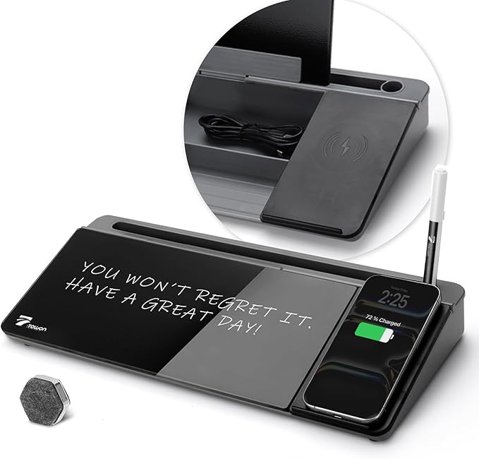 TOWON Black Desk Dry Erase Board with Charger Pad, Small Glass Desktop Whiteboard, Desktop whiteboard - Glass Dry Erase White Board- Desk Computer Buddy for Home Office Supply, 17 x 6 in