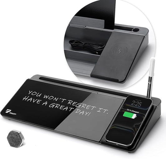 TOWON Black Desk Dry Erase Board with Charger Pad, Small Glass Desktop Whiteboard, Desktop whiteboard - Glass Dry Erase White Board- Desk Computer Buddy for Home Office Supply, 17 x 6 in