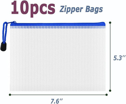 AUSTARK 10 Pcs Zipper File Bags, Waterproof Plastic Mesh Pouch for Office School, Board Game Storage Bags (B6 Size 7.6''x5.3'', White and Blue)