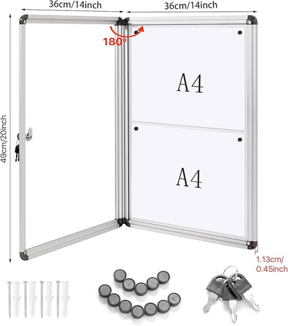 SWANCROWN Enclosed Bulletin Board Dry Erase Noticeboard Lockable Display Boards White with Aluminium Frame 20x14inch(2xA4)