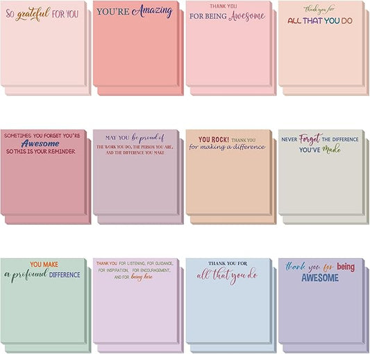 Yinder 24 Pcs Employee Appreciation Sticky Notes Thank You Gifts Bulk Note Pads with Sayings Teacher Gift Mini Pocket Inspirational Notepads for Coworker Office Supply 3 x 3''(Aesthetics,Thanks)