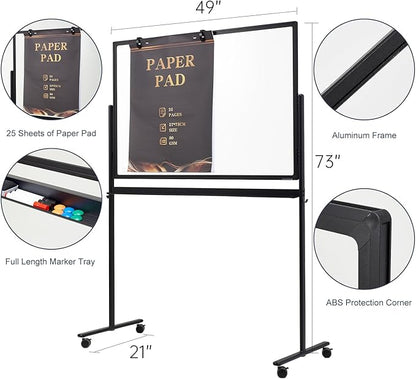 Mobile Clear Glass Whiteboard on Wheels - TANKEE 48" x 32" Dry Erase Board with Stand, Large Rolling White Board with 25 Sheets Paper Pad, Transparent Tempered Glass Board for Office Home School