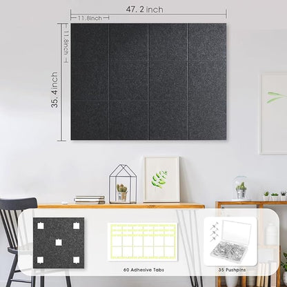 Large Cork Board for Office Wall Decor,48"x36"-12 Pack Felt Wall Tiles with 35 Push Pins, Thicker 0.47in, Felt Bulletin Board Pin Board Cork Boards for Walls - Dark Grey