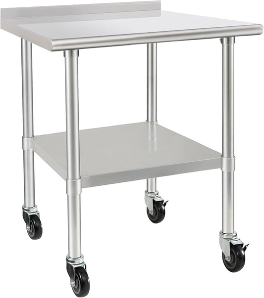 HARDURA Stainless Steel Table 30 x 36 Inches with Wheels Casters NSF Heavy Duty Commercial Prep Table with 2” Backsplash and Adjustable Undershelf for Restaurant Kitchen Home and Hotel
