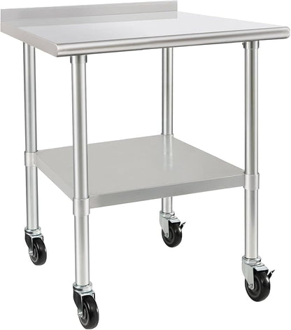HARDURA Stainless Steel Table 30 x 36 Inches with Wheels Casters NSF Heavy Duty Commercial Prep Table with 2” Backsplash and Adjustable Undershelf for Restaurant Kitchen Home and Hotel