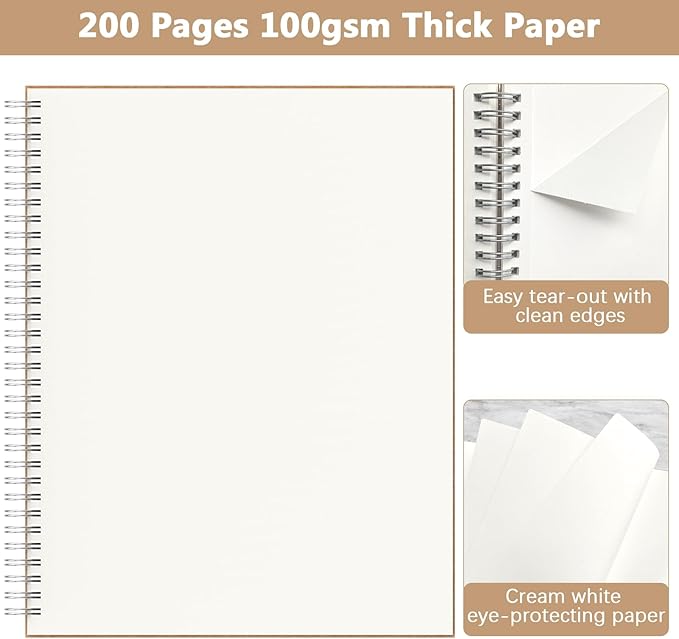 A4 Blank Journal Notebook, 2 Pack Large Spiral Sketchbook for Drawing, 200 Pages 100gsm Thick Unlined Blank Page Journal for Sketching Writing Taking Note and More - Kraft Brown Cover, 8.5" x 11"