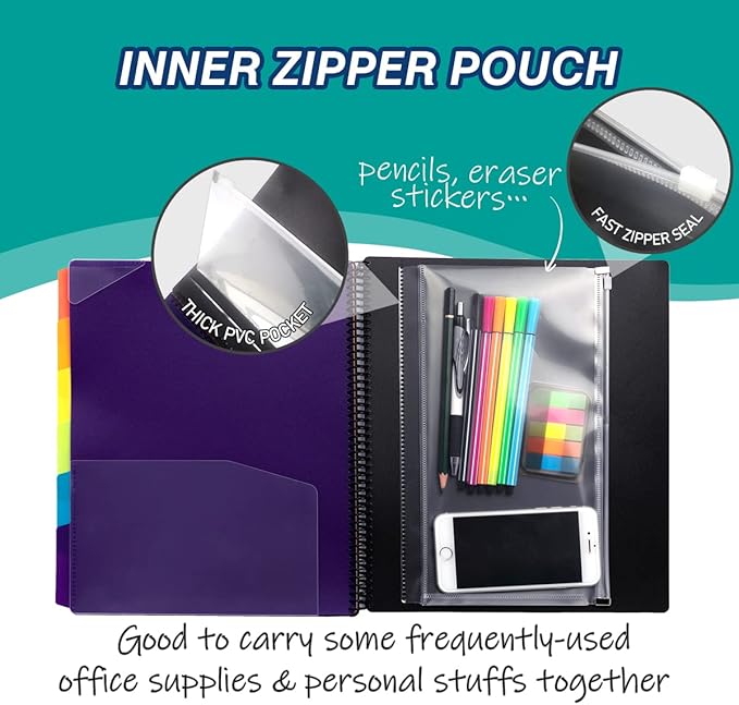 H4D 12 Pocket Poly Project Organizer, Spiral Multi Pocket Folder Organizer, Multi-Subject Folder Notebook, Letter Size