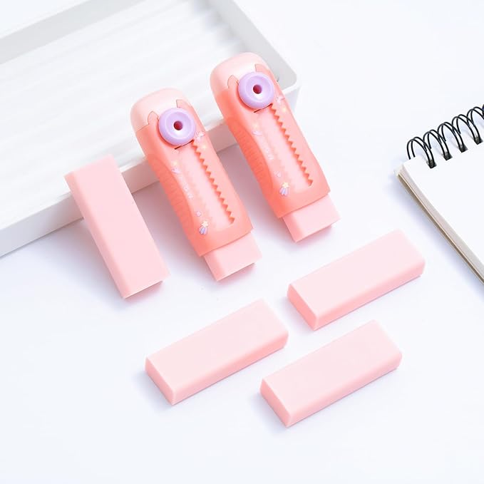 M&G 2+4 Pack Rubber Erasers Sliding Retractable Eraser, 2 Pack Cute Erasers Push Pull Large Pencil Eraser with Plastic Sleeve and 4 Refill Erasers for Students, School Office Supplies (Pink Unicorn)