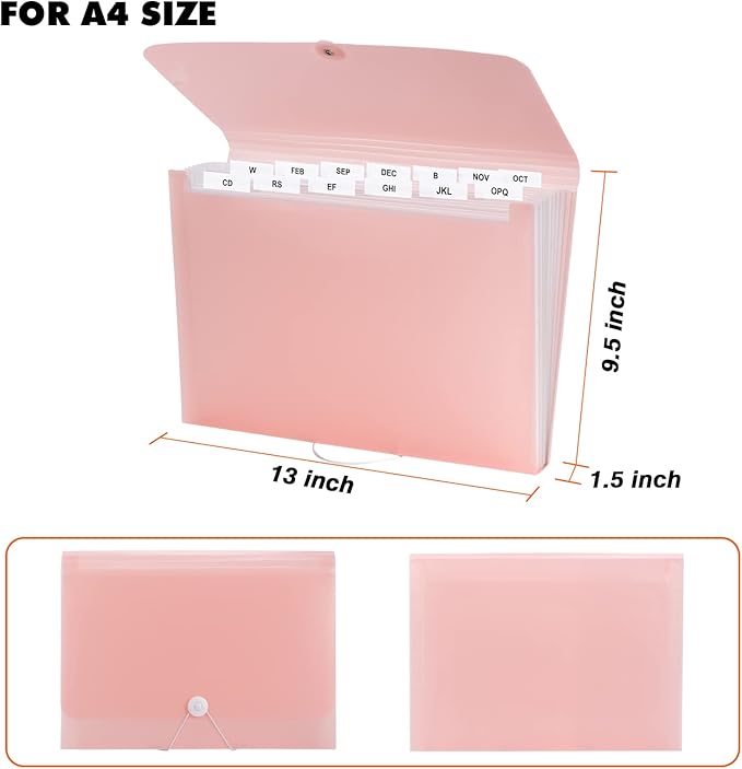 2 PCS Expanding File Folder A4,13 Pockets File Organiser with Colored Tags, Paperwork A4 Plastic Wallet Document Storage Expander for School,Office and Home, Pink