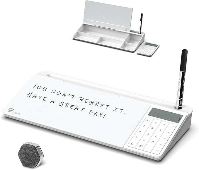 TOWON Desktop Glass Whiteboard with Basic Calculator, 12 Digit LCD Display, Desk Organizers with Accessories for Office, Home, School Supplies, Storage with Dry Erase Board Surface, White, 18'' x 6''