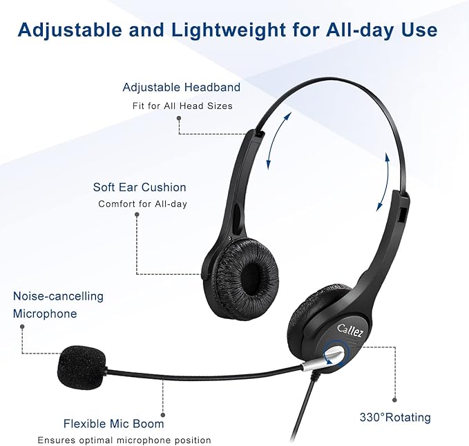Callez RJ9 Office Phone Headset with Microphone Noise Cancelling, Telephone Headset Compatible with Landline Phones Polycom VVX411 311 410 500 400 300 301 310 501 401 201 601 250 Avaya Plantronics