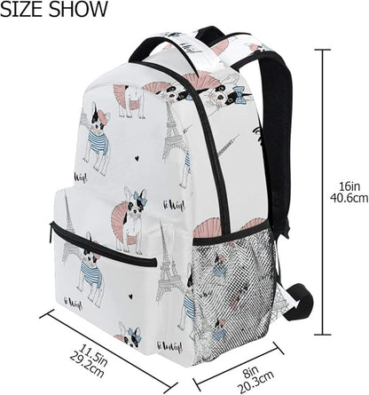 French Bulldog Paris Backpack School Bag Travel Daypack Rucksack for Students Boys Girls, Laptop Backpack