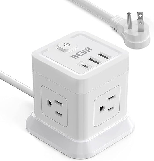 BEVA Power Strip with USB - 5ft Long Extension Cord with 4 Widely Spaced Outlets and 3 USB Ports Cube Desktop Charging Station, Overload Protection, Compact for Travel, Cruise Ship and Dorm