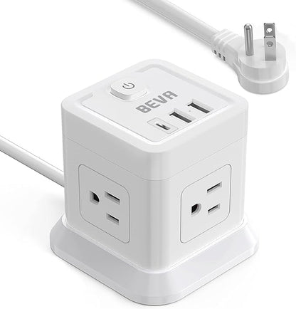 BEVA Power Strip with USB - 10ft Long Extension Cord with 4 Widely Spaced Outlets and 3 USB Ports Cube Desktop Charging Station, Overload Protection, Compact for Travel, Cruise Ship and Dorm