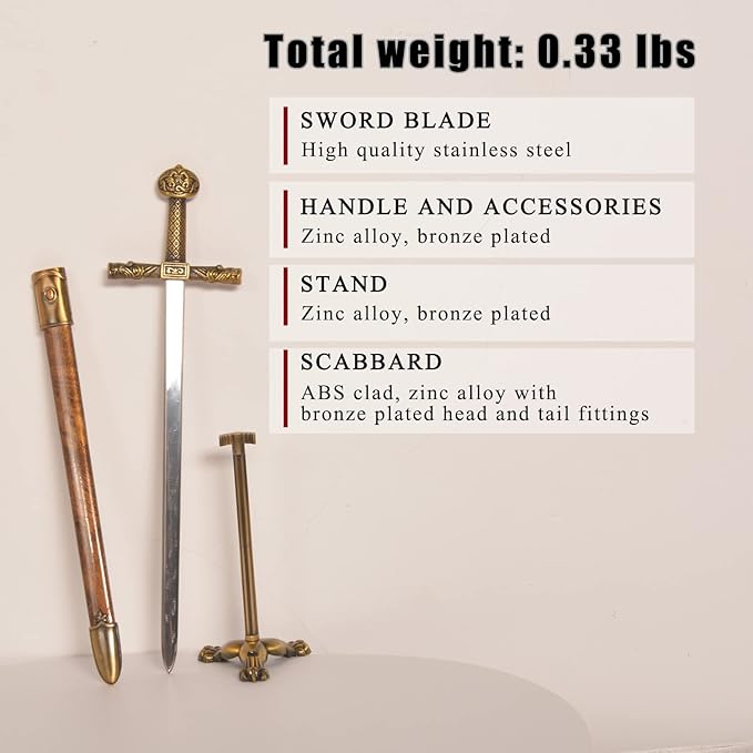 11“ Metal Stainless Steel Letter Opener Sword with Stand,Medieval Vintage Gold Handle,Mini Sword,Lightweight Hand Envelope Slitter,Special Gift