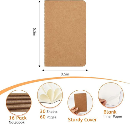 16PCS Mini Notebooks Bulk, 3.5" x 5.5", Brown, 60 Pages Blank Paper Small Pocket Notebook Set, Mini Journal Memo Notepads for Kids, Students, Traveler, School Office Supplies