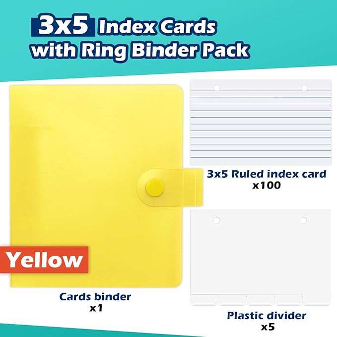 3x5 Lined Index Cards with Ring Binder Holder and Dividers, 100 Ruled Cards, Yellow