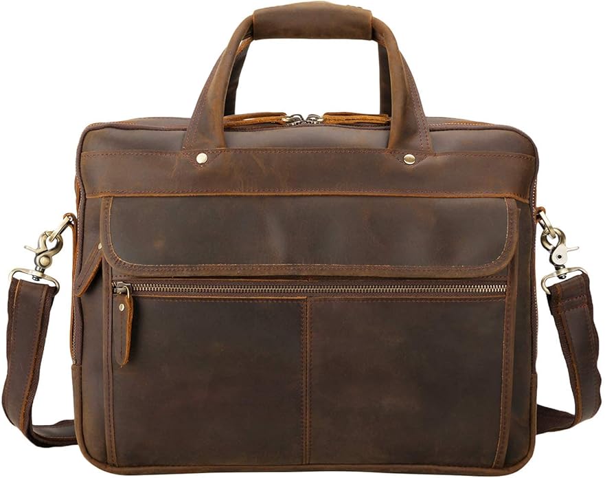 Polare Modern Attaché Style 15.7" Full Grain Italian Leather Laptop Business Briefcase for Men