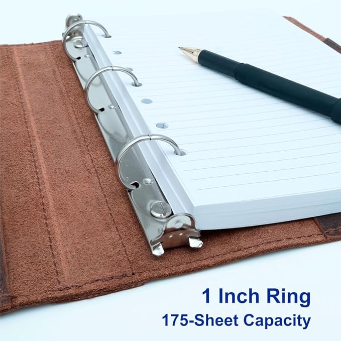 Fan&Ran Lined Leather Journal, 100 Sheets of College Ruled Paper 5.5"x8.5", 1" Rings Mini Binder, Interior Pockets, Refillable