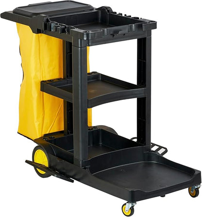 Restaurantware-Clean Tek Professional Janitor Cart with Wheels, 1 Cleaning Trolley with Cover and 21 Gallon Bag - 3 Shelves, Heavy-Duty, Gray Plastic Commercial Janitorial Cart, for Restaurants
