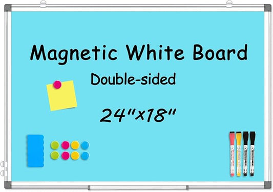 WALGLASS Magnetic Whiteboard 24"x18" Dry Erase White Board for Walls with Pen Tray, Aluminium Frame and Dry-Wipe Writing Surface for Kids' Drawing, Home, and Office (Blue)