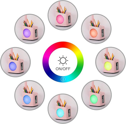LED Desk Lamp with Clock,Color Changing Nightlight,Study Lamp with Pen Holder,Desk Light with USB Charger,Table Light for Home,Office,Bedroom,Gift for Kids,Students,Women,Pink