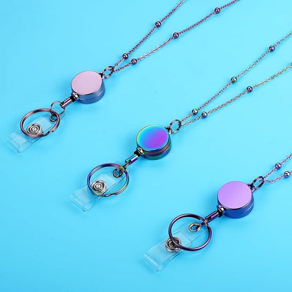 Lanyards for Id Badges 3 Pack Badge Lanyard with 6 Pcs Id Badge Holder Retractable Stainless Steel Teacher Lanyards Cruise Ship Lanyards for Girl Women (Purple, Pink, Bright Blue)