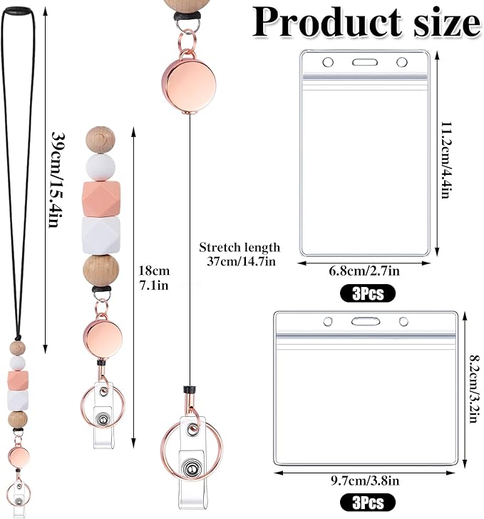 9 in 3 Set Retractable Lanyard for ID Badges with ID Holder Wooden Beaded Lanyards for Women Teacher Appreciation Gifts Office Gift for Coworkers