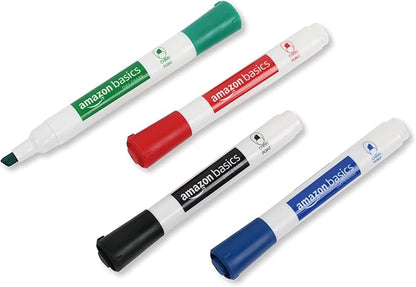 Amazon Basics Low-Odor Chisel Tip Dry Erase Whiteboard Marker, Pack of 4, Black, Red, Green, Blue