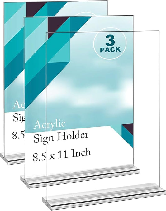 EHWINE 3 Pack Acrylic Sign Holder 8.5 x 11, Double-Sided Stand up Table Top Sign Holders, Clear Acrylic Picture Frame Menu Flyer Paper Holder Display Stand for Office Business Store Wedding Party