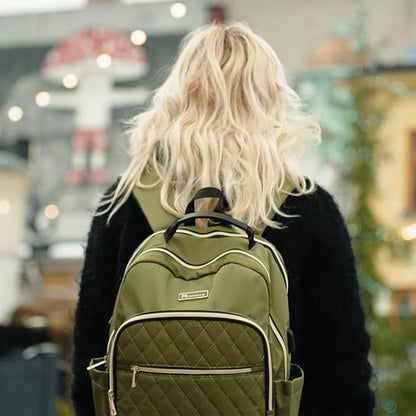 Modoker 15.6 Inch Laptop Backpack for Women, Quilted Work Backpack for Women Bookbag Teacher Backpack, Travel Backpack with USB Charging Port, Backpack Purse for Women Nurse, Green