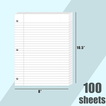 Koogel 100 Sheets Loose Leaf Paper, Wide Ruled Notebook Paper Bulk White Office Filler Paper 3-Ring Binders for School Office 8x10.5inch