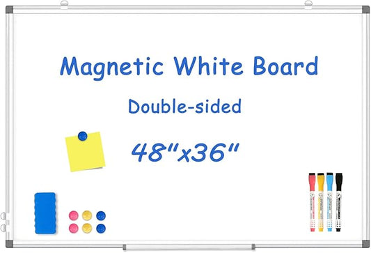 WALGLASS Large Whiteboard, 48" x 36" Double-Sided Large Dry Erase White Board for Wall, Hanging Whiteboard with Silver Aluminium Frame for Home, School, Office, Kitchen