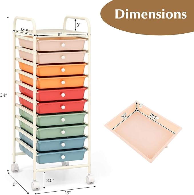 Storage Cart, Rolling Utility Cart with 10 Drawers, Portable Handles & Lockable Wheels, Mobile Paper Toys Storage Organizer Large Capacity for Home Office School Teacher (Macaron)