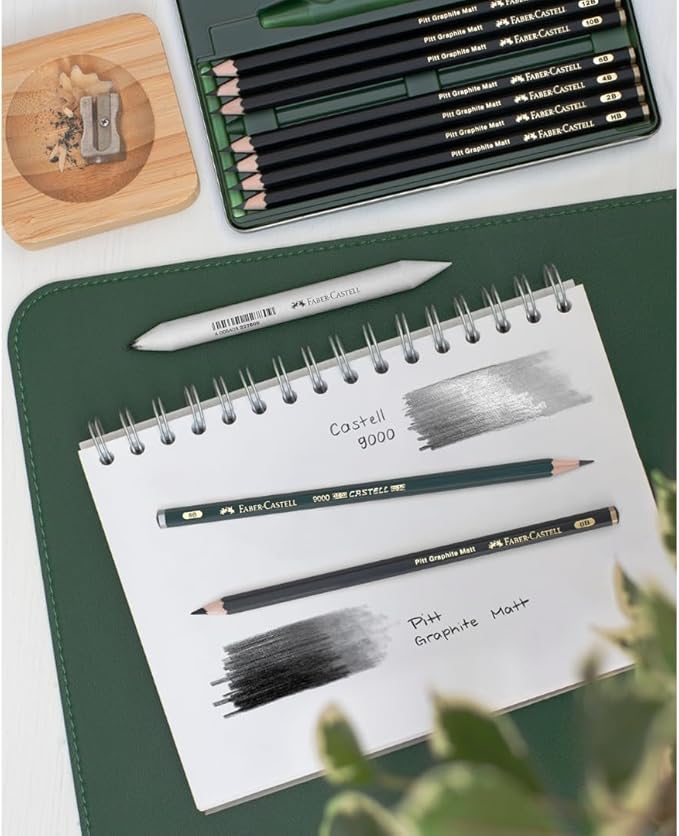 Faber-Castell Pitt Graphite Matte Pencil Set, Metal Tin of 8 Graphite Pencils and Sketching Accessories (HB, 2B, 4B, 6B, 8B, 10B, 12B, 14B), Pencil Sharpener, Eraser and Blending Stump